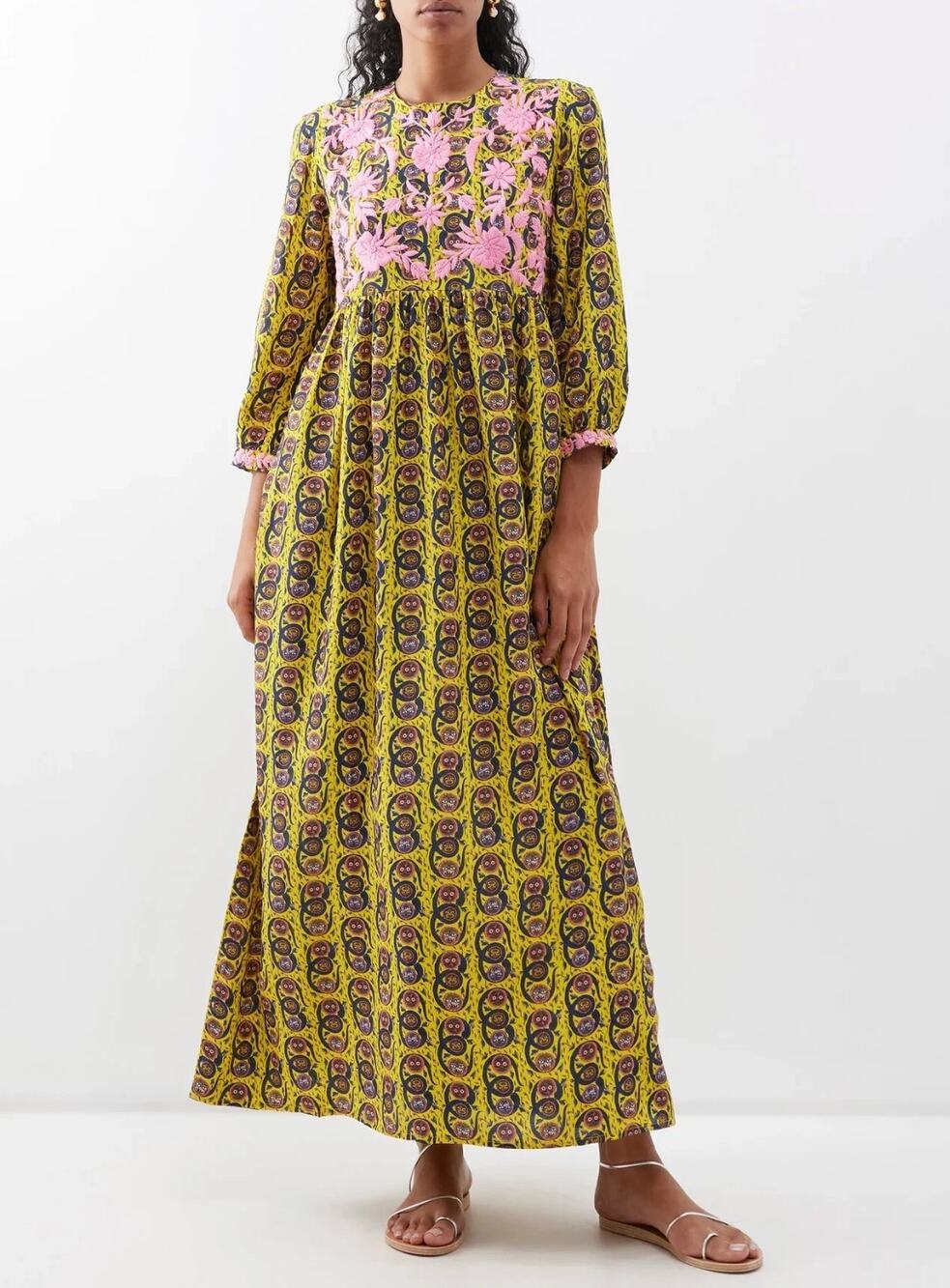 Muzungu Sisters Touba Yellow Embroidered Silk Bali Mask Dress Size Medium